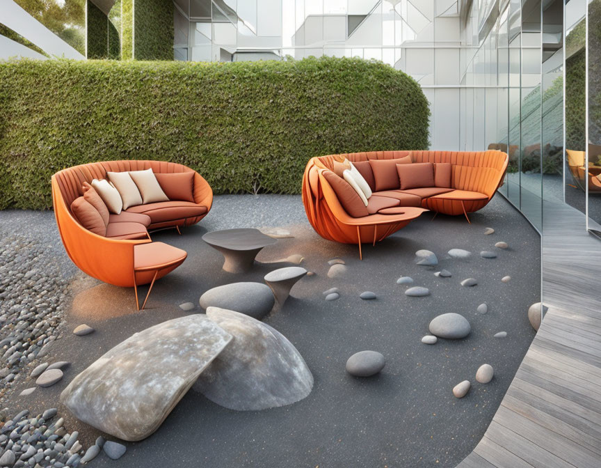 Contemporary Outdoor Lounge with Orange Sofas & Natural Elements