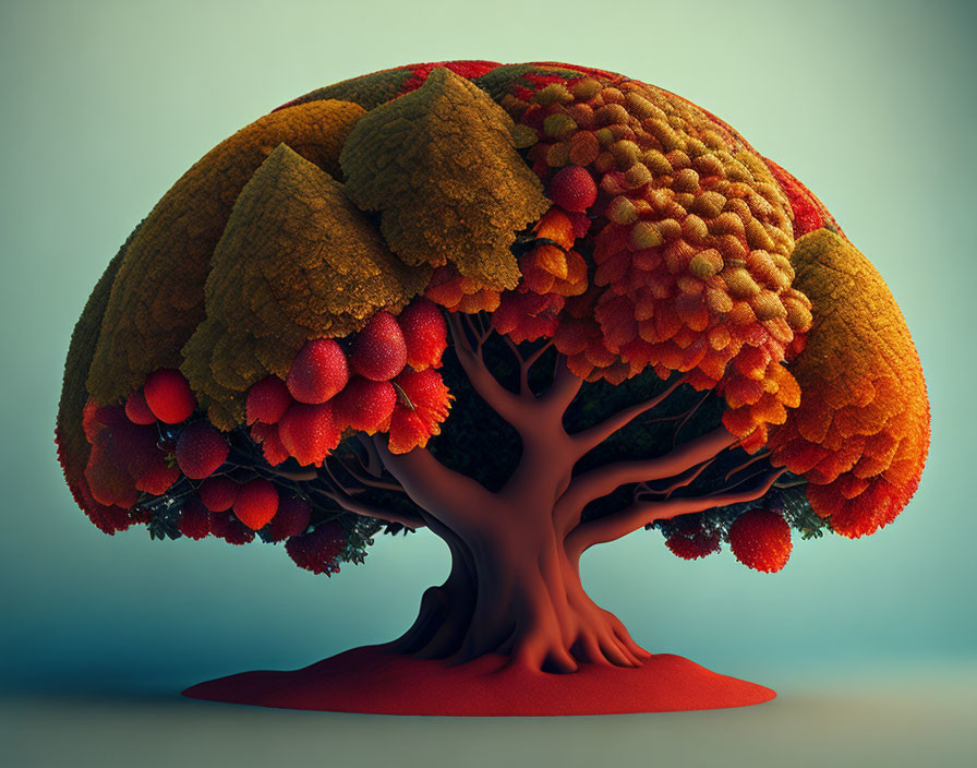 Surreal, stylized tree with textured red, orange, and brown foliage