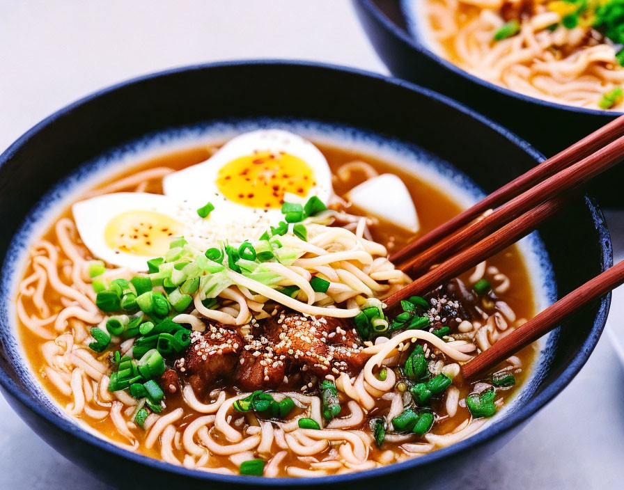 Savory Ramen Bowl with Egg, Green Onions, Noodles, and Meat