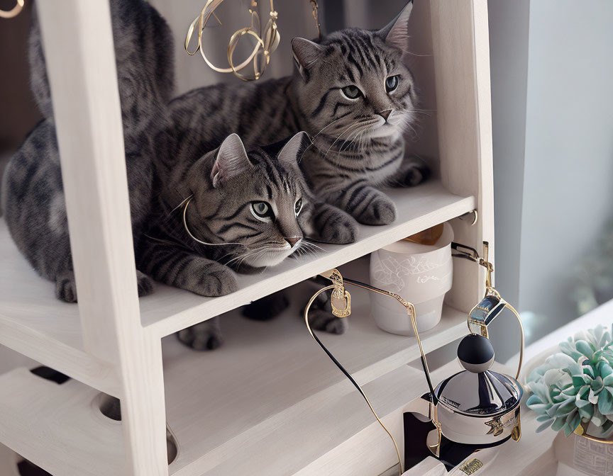 Two striped cats on white shelf with jewelry & decor.