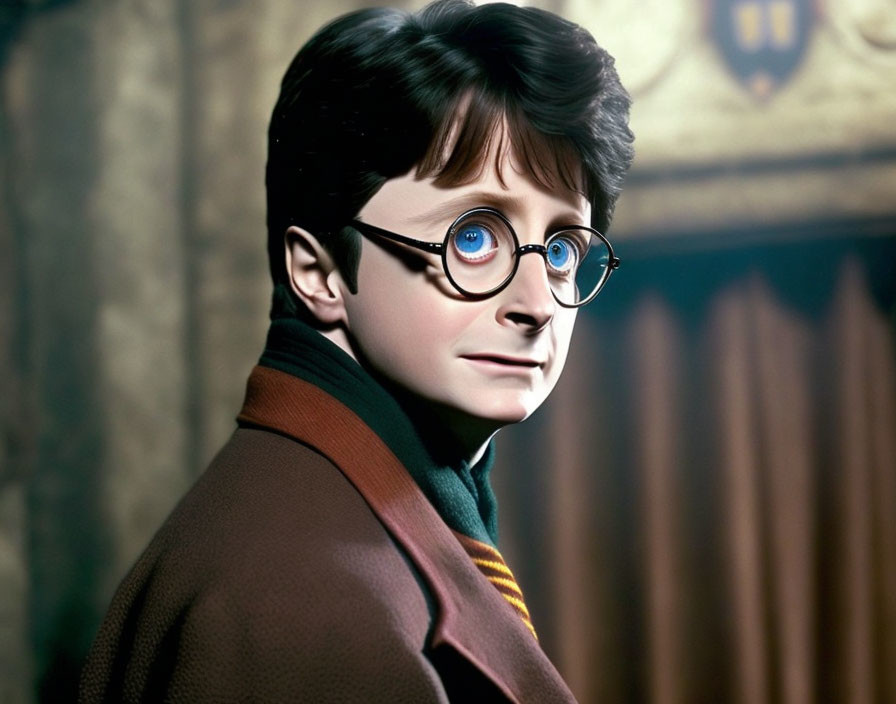 Young boy with round glasses, scar, in Hogwarts uniform with Gryffindor scarf