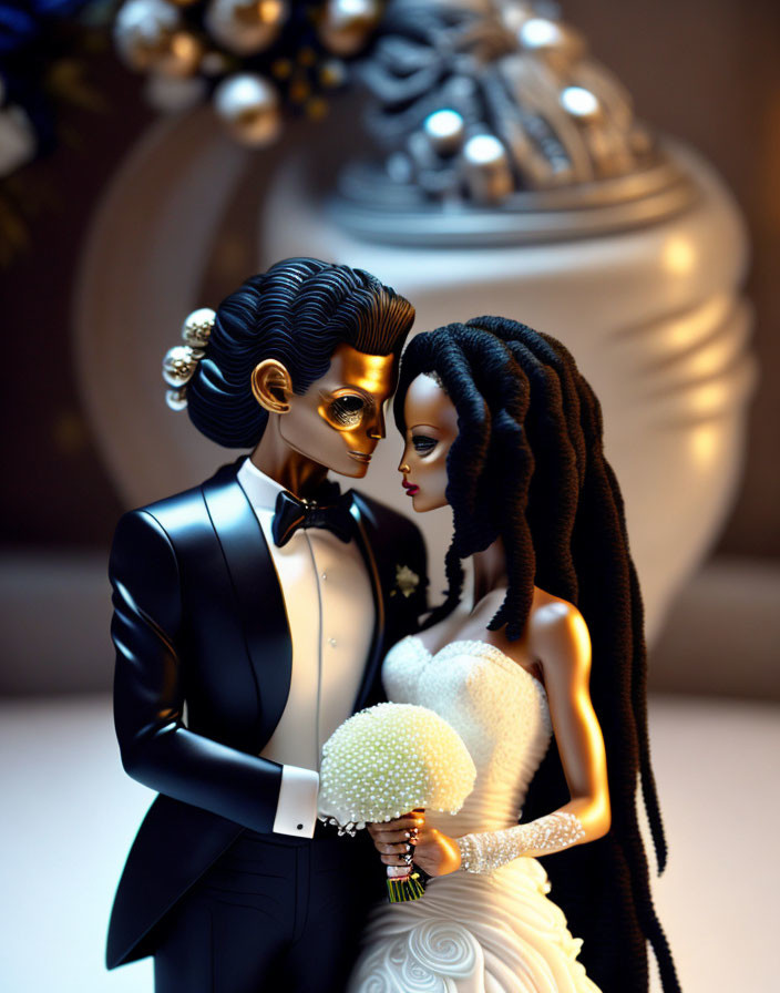 Gothic-themed bride and groom figurines in wedding embrace