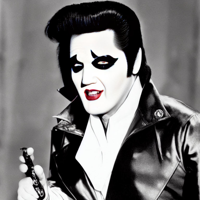 Stylized portrait of a person with Elvis-like hairstyle and 'Kiss' band makeup holding sunglasses