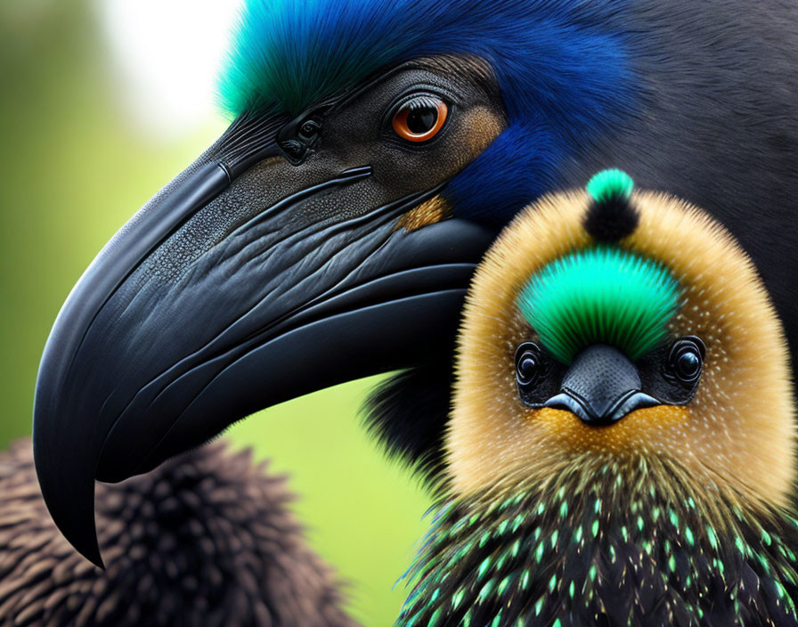 Vibrant birds with black beak and blue feathers, green tuft and speckled neck