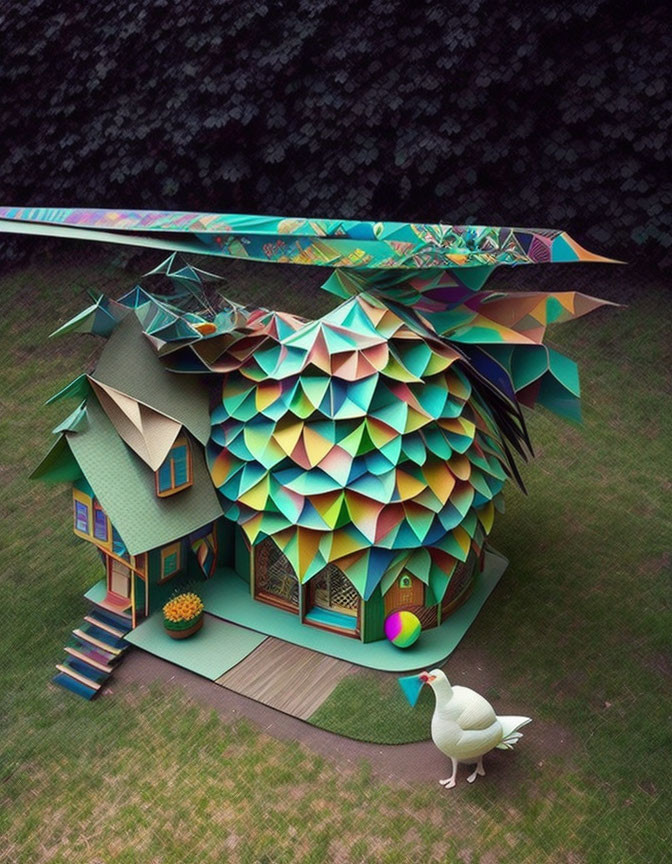 Colorful Geometric-Roofed House with Feather-Like Design Beside Large Bird and Beach