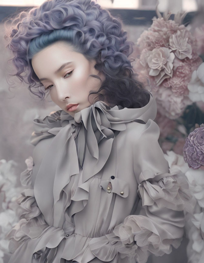 Portrait of woman with curly blue hair in ruffled grey blouse, serene expression, surrounded by pink and