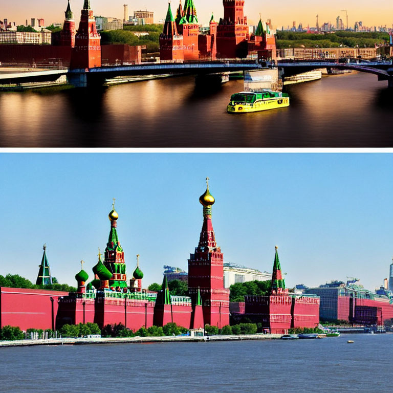 Split-view image: Kremlin architecture by day and reflection at dusk