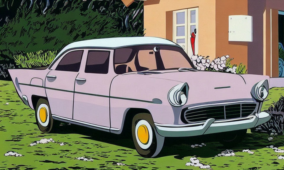 Vintage Pink Car Parked by Greenery in Stylized Animation