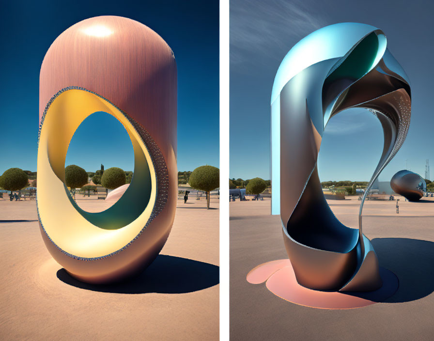 Abstract loop and twisted metallic sculptures in desert landscape