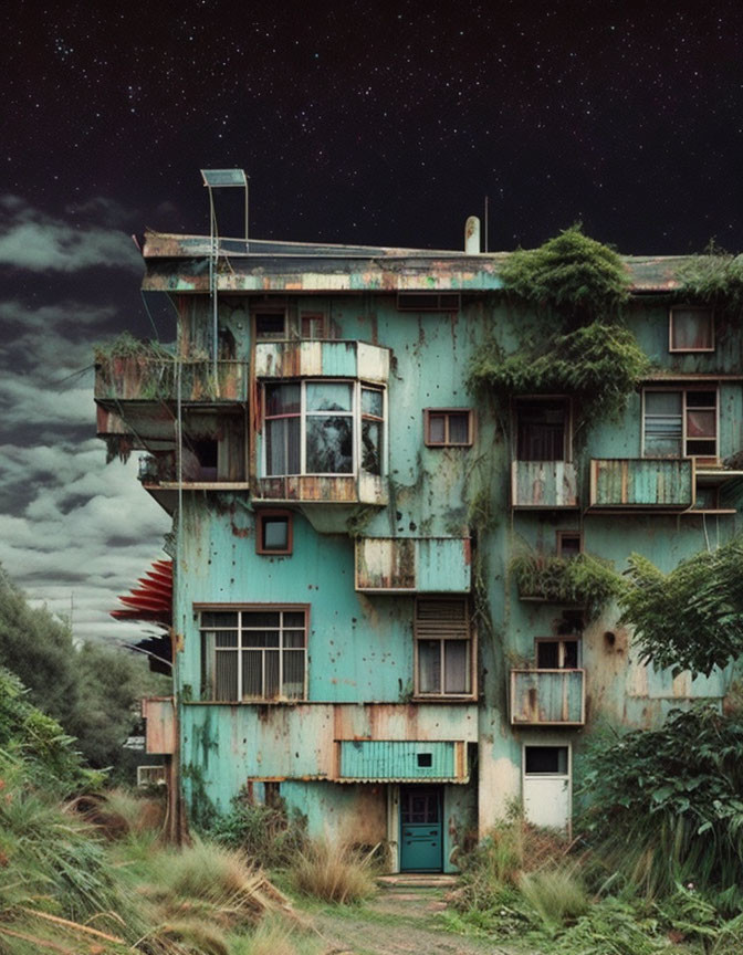 Abandoned two-story building with peeling teal paint under starry night sky