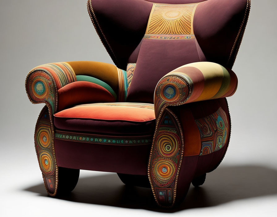 Colorful Armchair with Orange, Red, & Brown Patterns on Gray Background