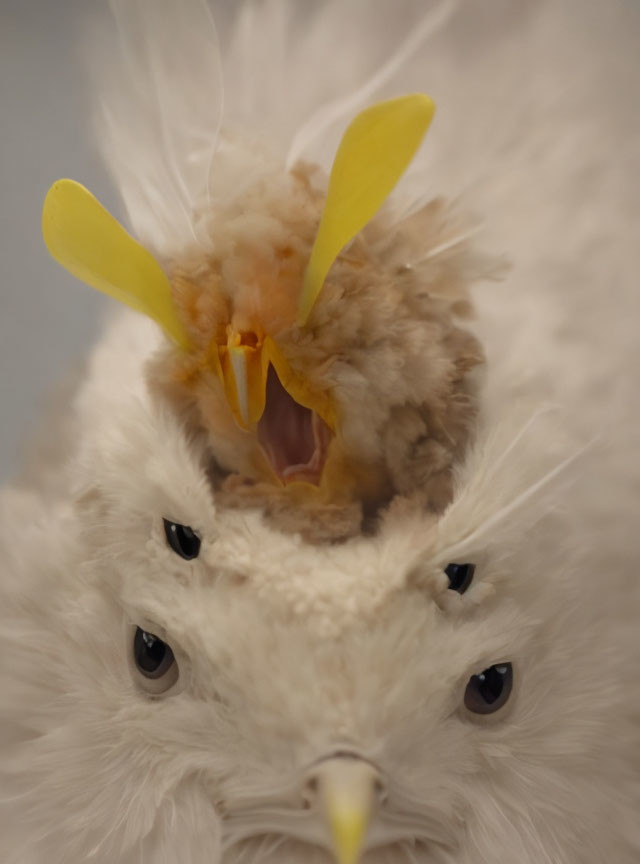 Yellow-feathered chick with eagle-like head and beak emerging from white plumage