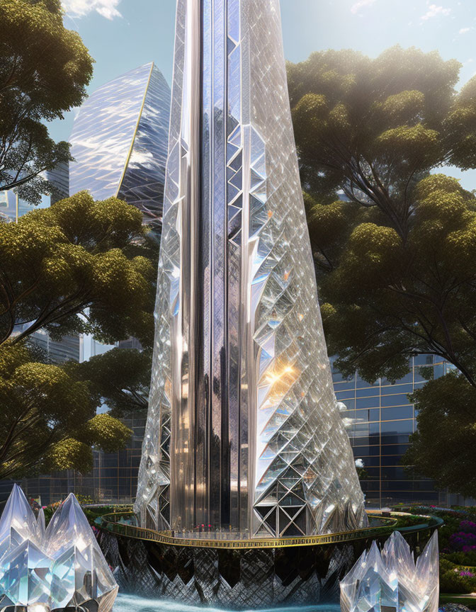 Futuristic crystal-like skyscraper in lush greenery with modern buildings in background