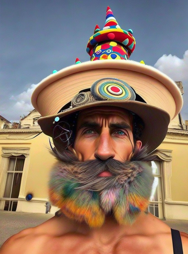 Colorful Twisted Moustache Man with Hat Stack in Front of Stately Building