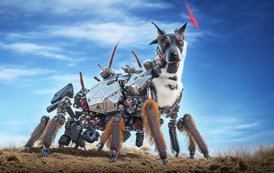 Spider-Like Mechanical Dog with Futuristic Gadgets in Barren Landscape