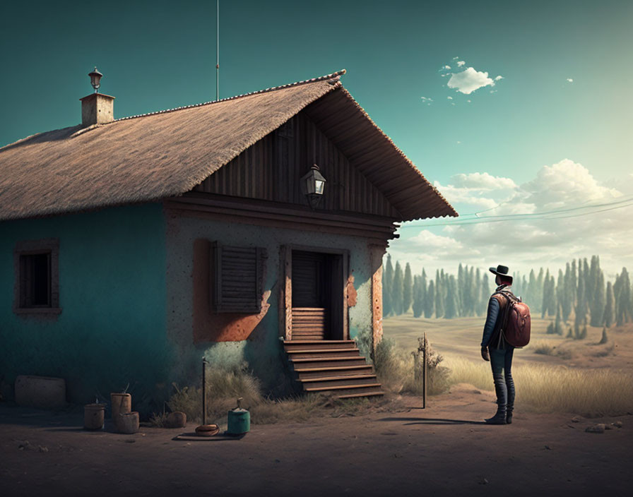 Traveler with backpack in front of quaint turquoise rural house in serene landscape