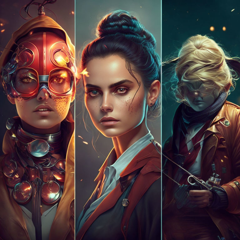 Three futuristic-themed stylized portraits with unique outfits.