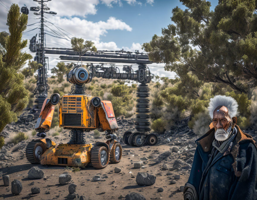 Elderly man with white hair and orange robot in desolate landscape