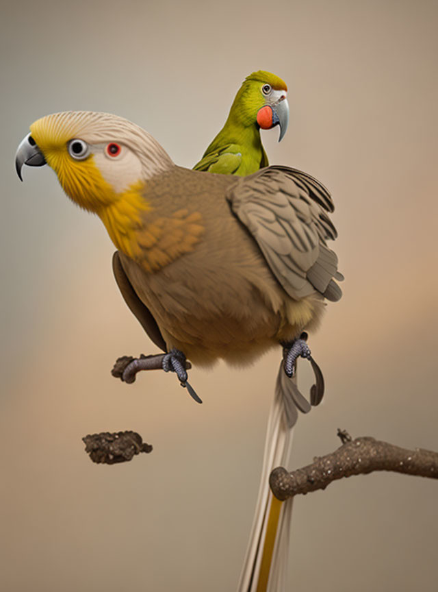 Fluffed parrots on branch with droppings falling