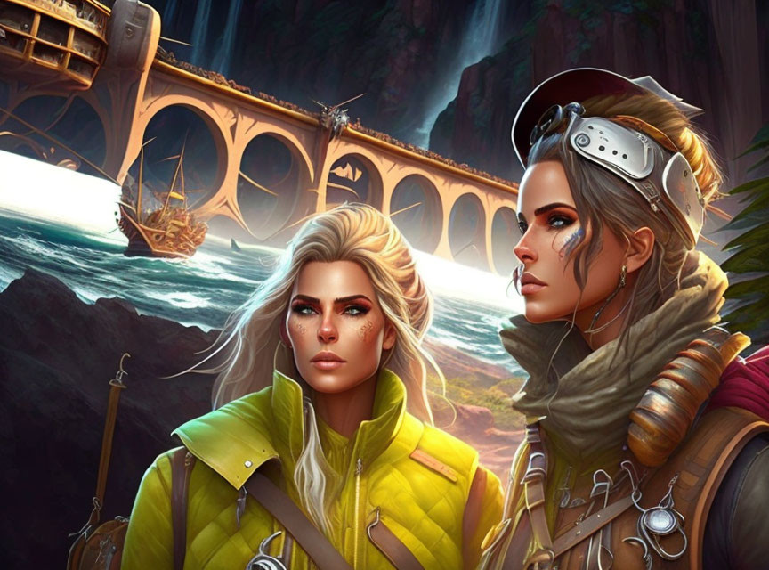 Two striking female characters in fantasy setting with waterfall, bridge, and ship.