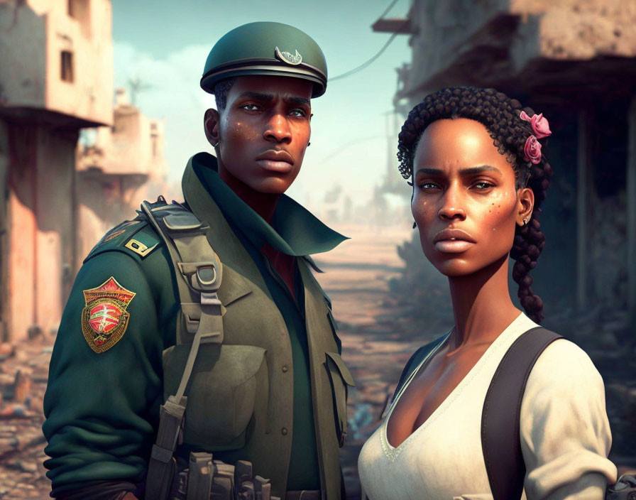 Male and female animated characters in military uniform and braided hair against war-torn backdrop