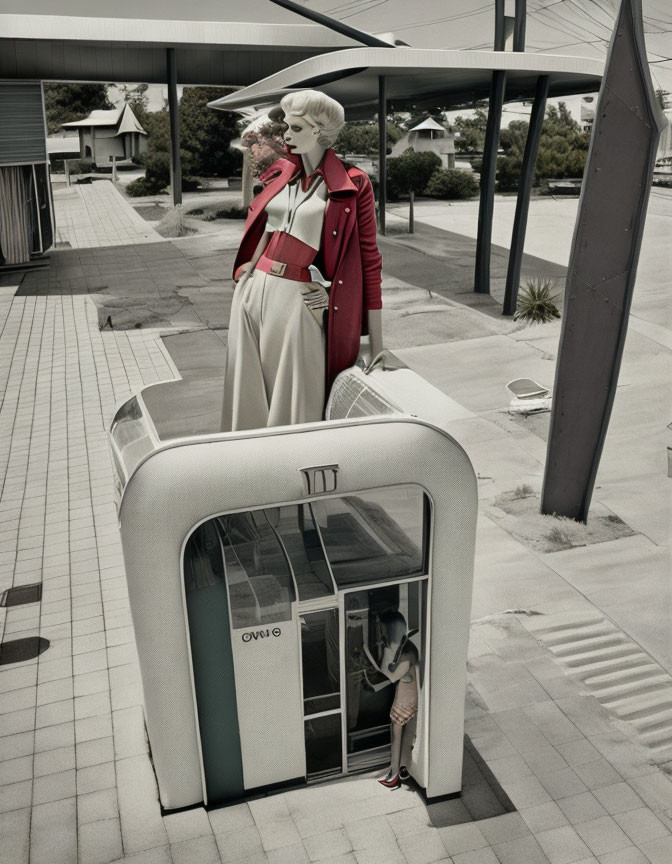 Oversized female mannequin in red jacket near bus stop with normal-sized person