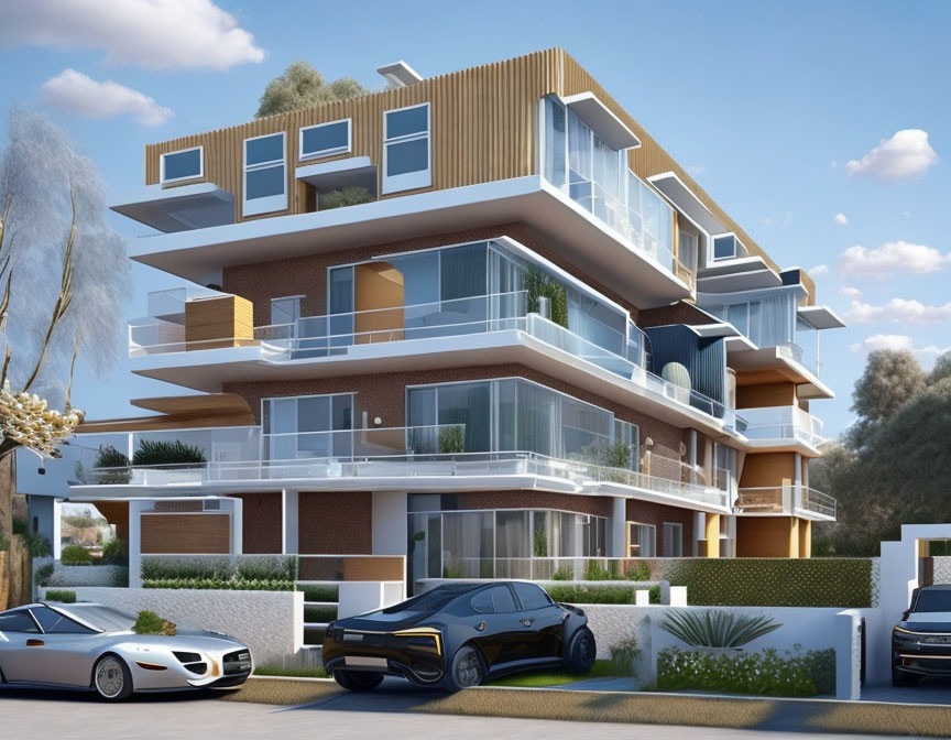 Modern Multi-Story Residential Building with Spacious Balconies and Luxury Cars