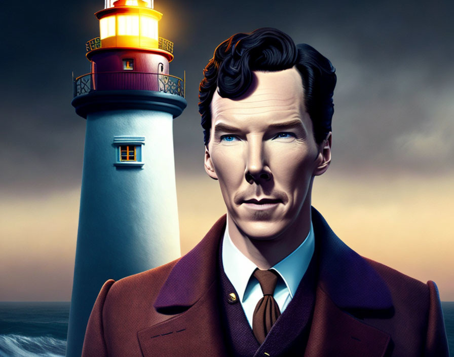 Man with Prominent Cheekbones and Curly Hair by Lighthouse at Twilight