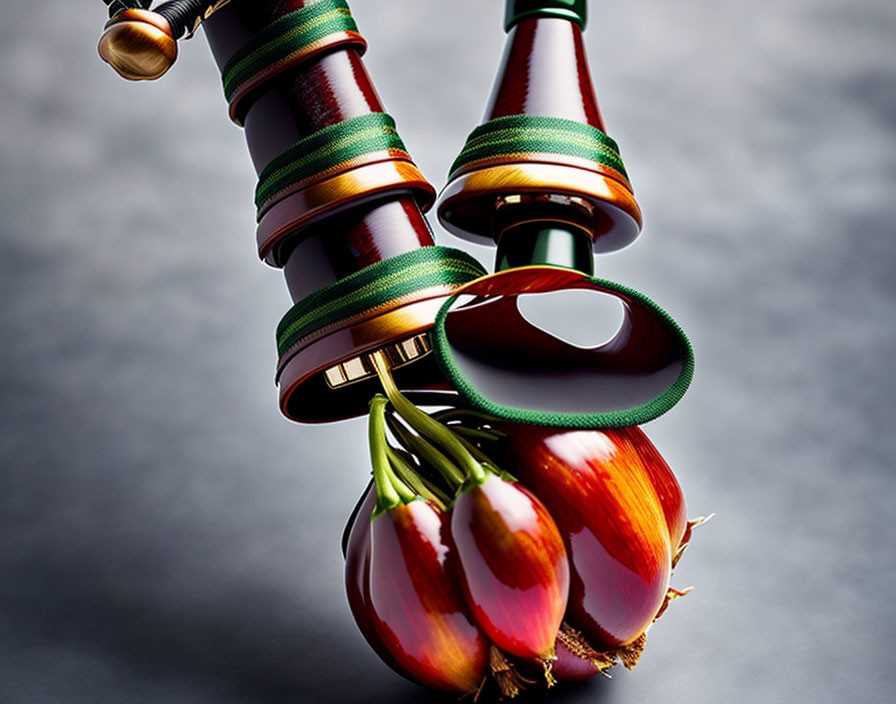 Vibrant red onions tied with green ribbon, one sliced, displayed on grey background.