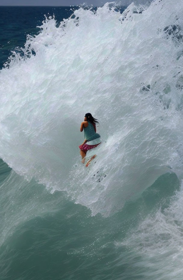 Surfer riding towering wave with spray.