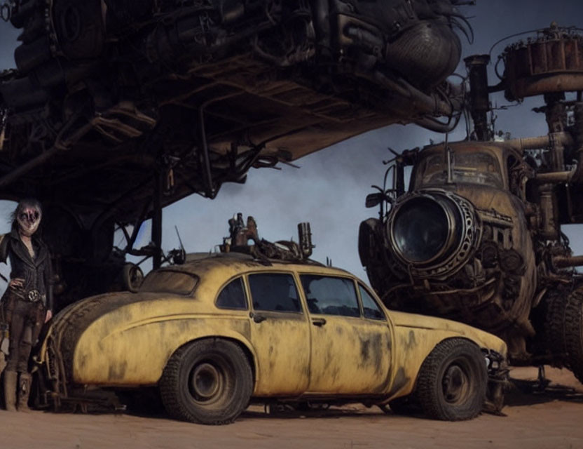 Dystopian scene with masked person near yellow car and menacing vehicles