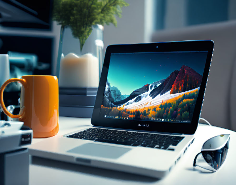 Laptop with mountain wallpaper, desk with mug, camera, glasses, and plant