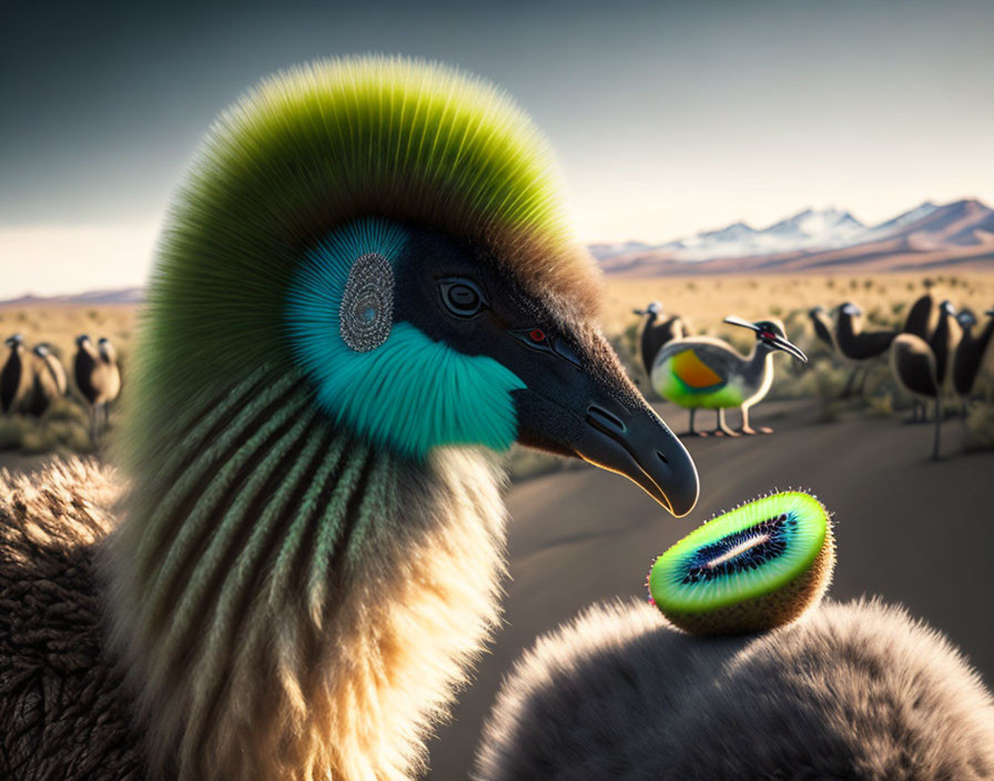 Surrealist image of bird hybrids with fruit features in desert landscape