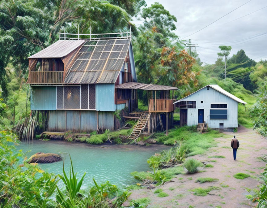 Unique Multi-Level Blue House with Solar Panels in Lush Greenery