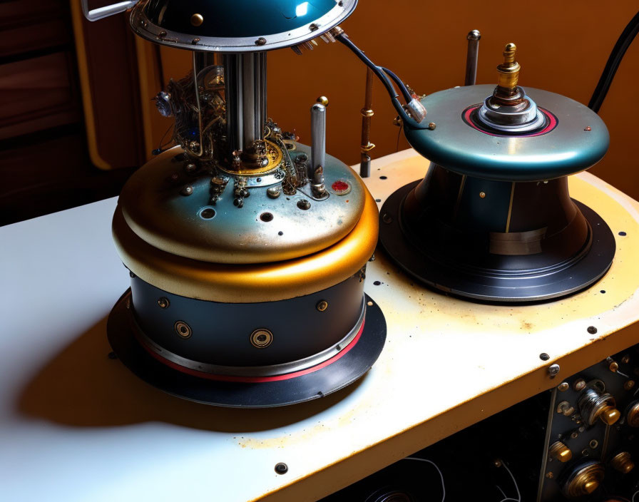 Vintage Sci-Fi Helmets with Wires and Knobs on Desk