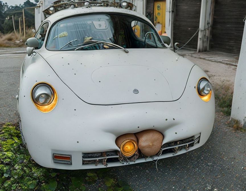 Car modified to look like a face parked in front of a building