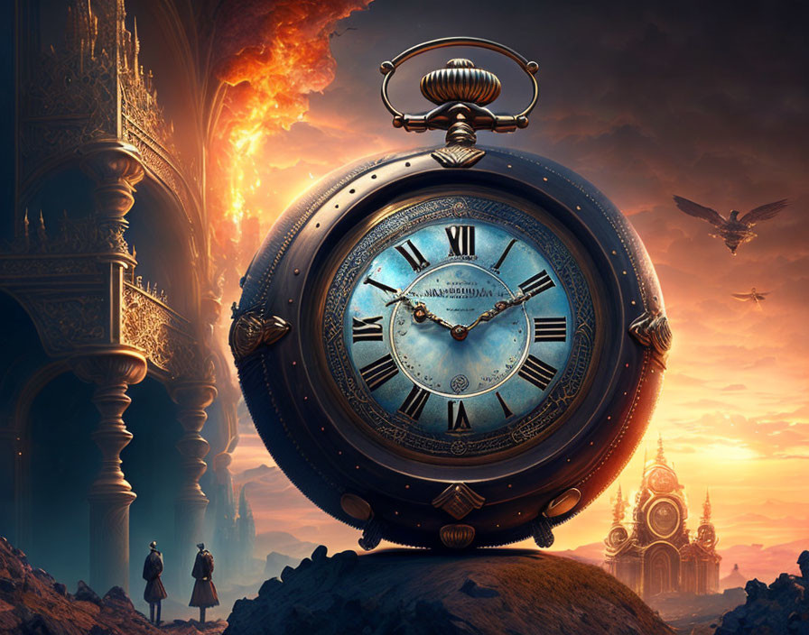 Vintage Clock Dominates Surreal Landscape with Fiery Skies