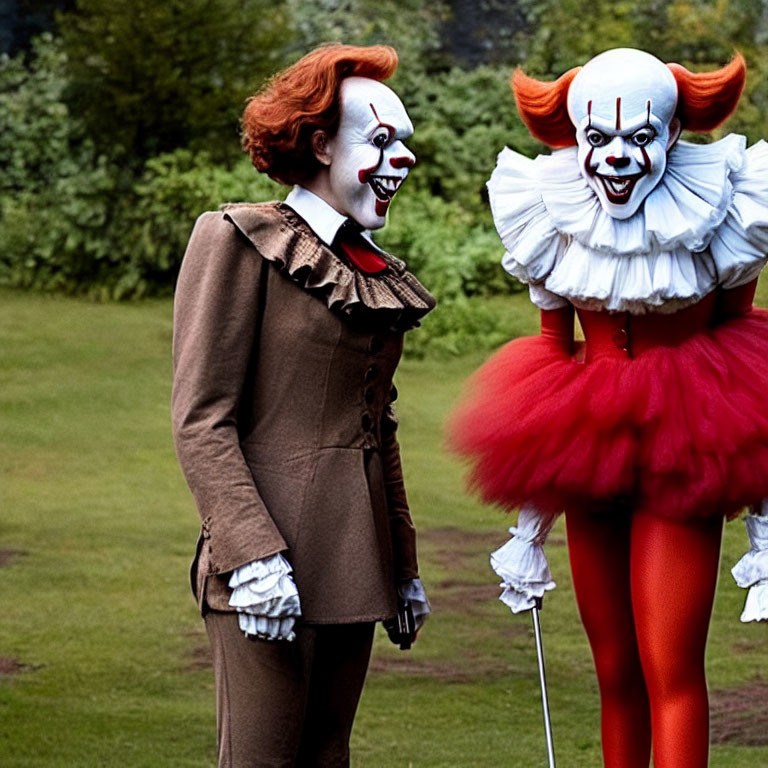 Two Clown Costumes with White Makeup and Red Features Outdoors