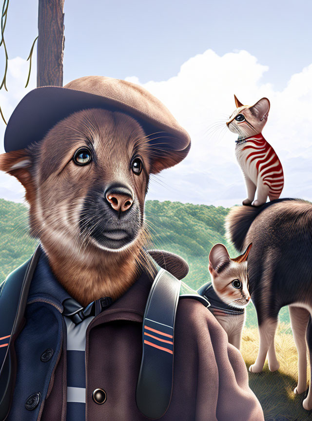 Anthropomorphic dog with cats in hat and coat against sky and trees