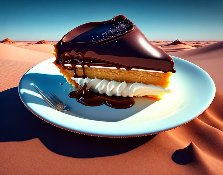 Chocolate-glazed cake slice on plate in desert with dunes and fork