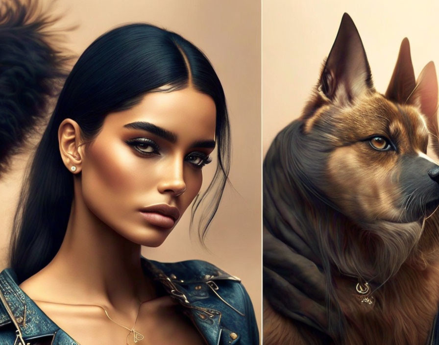 Woman with sleek hair and makeup next to attentive dog with fur.