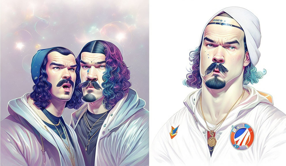 Colorful digital artwork: Triplet with stylized features & cosmic background