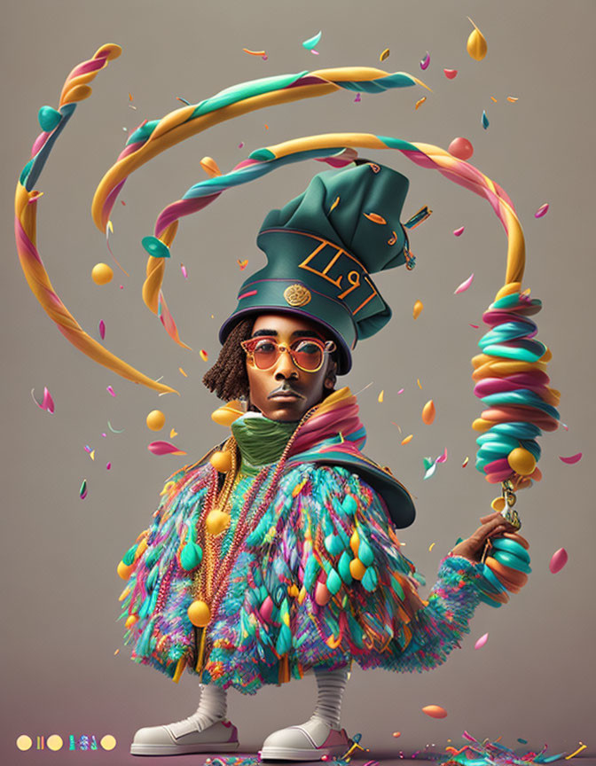 Colorful Threads and Candy Staff: Stylized Person in Vibrant Outfit