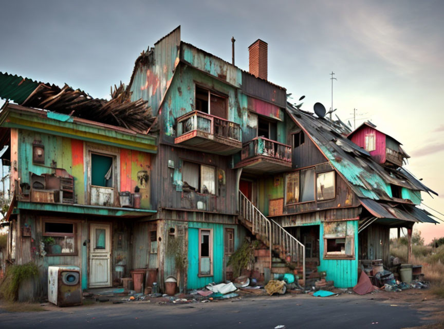 Decrepit multi-story building with peeling paint, damaged roof, and scattered debris