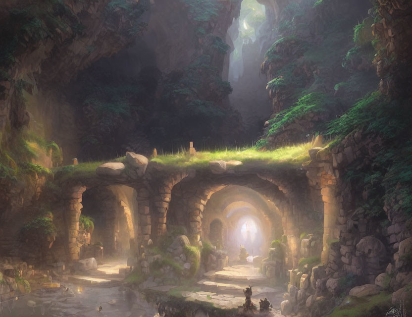 Mystical forest scene with ancient stone arches and lush greenery