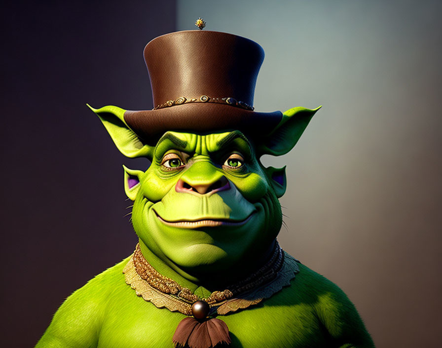 Smiling green ogre with top hat and pendant on dark background