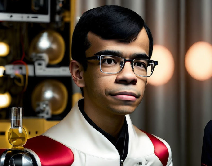 Young man in glasses in red & white jacket against blurry background with circular bokeh lights