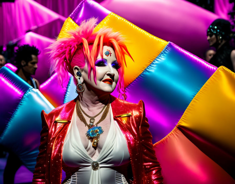 Colorful portrait of a person with spiked orange and red hair and extravagant makeup