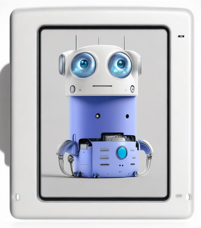 Blue and White Robot with Headphones in Small White Compartment