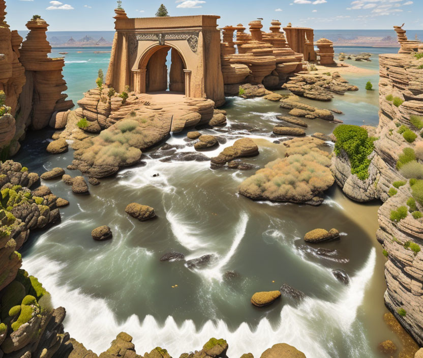 Surreal landscape with ornate archway, sandstone pillars, swirling water vortex